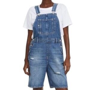 HM Women Distressed Denim Shortalls Medium Wash Blue Jean Overalls Size 8